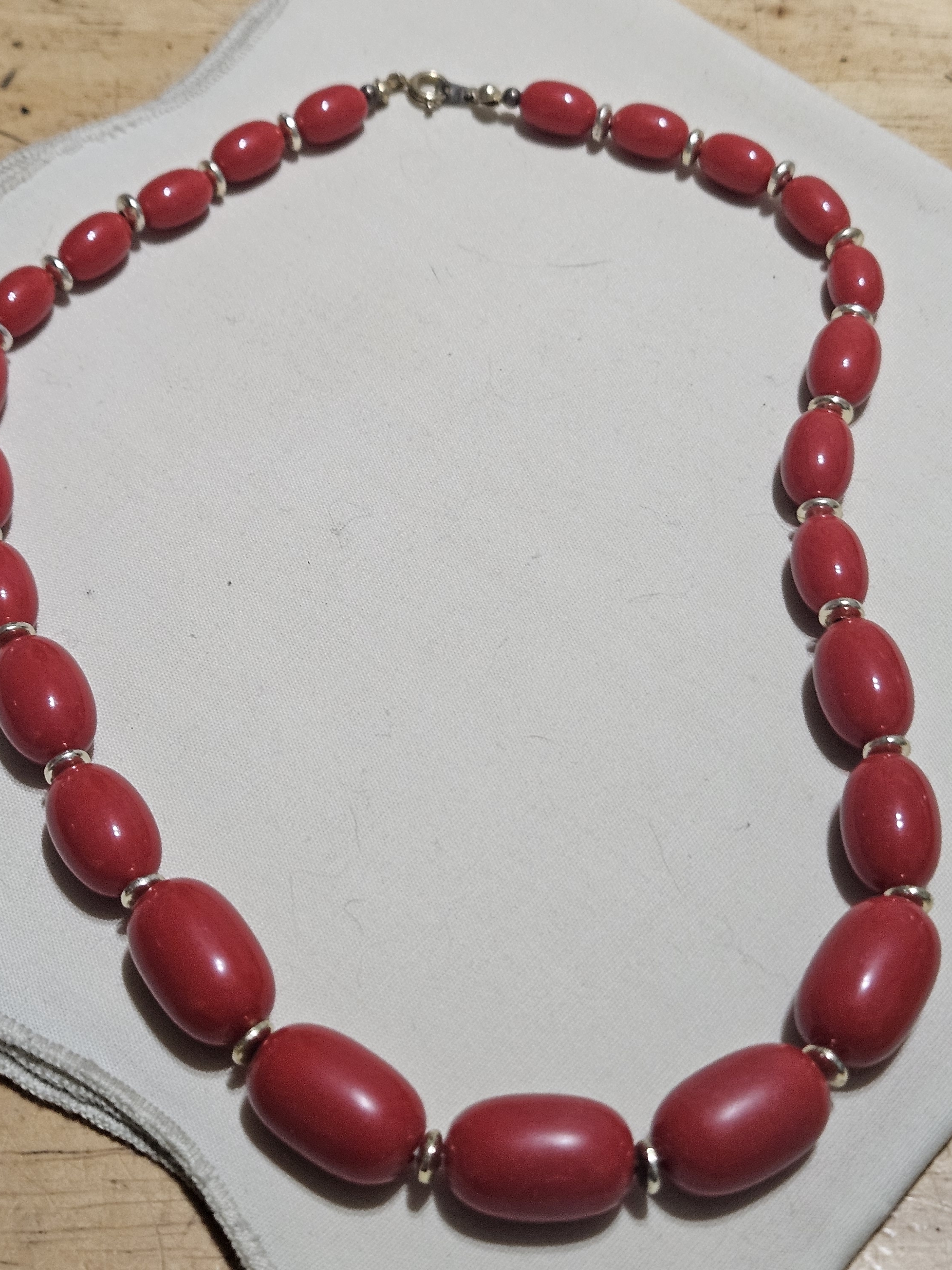 Vintage Red Lucite Bean Shape Beaded Necklace